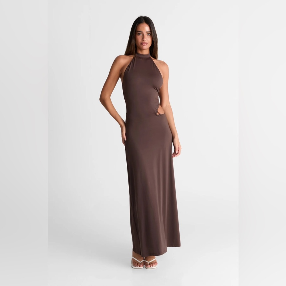 SASHA THERESE Chic Halter Neck Maxi Dress in Brown